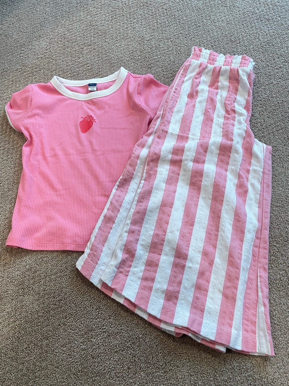 Girls Pink Strawberry Short Sleeve Top & Striped Flare Pants, size 10-12